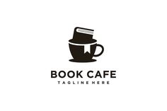 a book cafe logo with a coffee cup