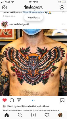 a man with an owl tattoo on his chest is shown in the instagramture