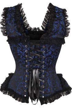 Overbust corset made of high quality brocade and lace fabrics 10 Spiral Steel boned with 2 Flat steel bones Delicate lace detailing Ribbon tie closure at back for cinching Privacy Panel Lined Hand Wash