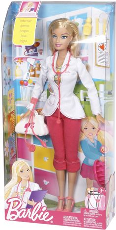 the barbie doll is wearing red pants and a white jacket with pink trimmings