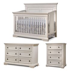 a white crib with drawers and dressers next to it on a white background