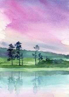 watercolor painting of trees on the edge of a lake with purple clouds in the background