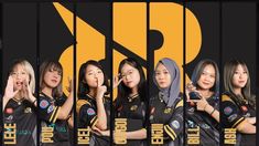 the girls are posing together in front of a black and yellow background with words on it