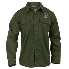 an army green shirt with patches on the chest and long sleeves is shown against a white background