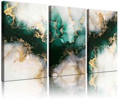 three green and white paintings with gold accents on the sides, each one being painted in different colors