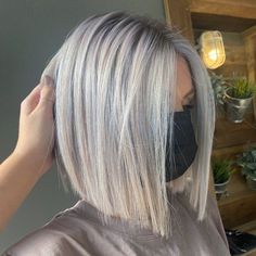 Cool Blonde Hair Color Short, Short Hair Blonde Color Ideas, Soft Angled Bob, Blondish Grey Hair Color, Short Icy Blonde Hair Bob, Short Blonde Aline Bob, Icy Blonde Balayage Short Hair, Trendy Silver Hair, Blonde Lobs Fine Hair