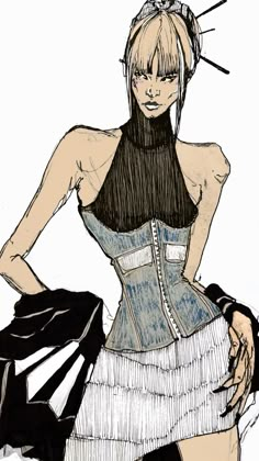 a drawing of a woman wearing a dress and headband with her hands on her hips