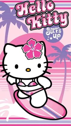 hello kitty surfs up on the beach with palm trees and flowers in her hair