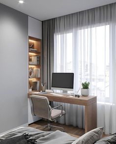 an image of a bedroom setting with lights on the wall and desk in the corner