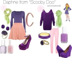 there is a woman's outfit and shoes in purple, pink, and green