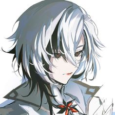 an anime character with white hair and black eyes looking to the side while wearing a tie