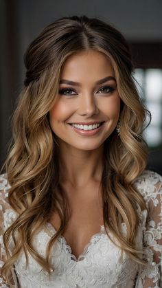 a beautiful woman with long hair smiling at the camera and wearing a white lace dress