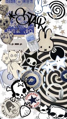 many different stickers and decals on a white background with black and blue stars