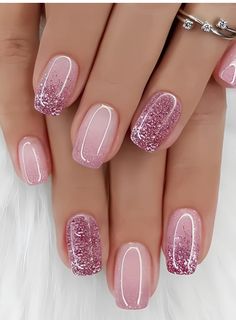 Baby Pink And Gold Nails, Feb Nail Designs, Sparkly Accent Nail, Feb Nails, Pink Glitter Nails, Subtle Nails, Glitter Gel Nails, February Nails, Pretty Nail Art Designs