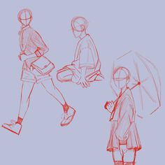 three drawings of people with umbrellas and shoes