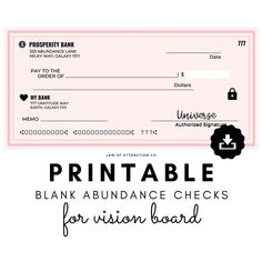 a pink check card with the words printable blank abundance checks for vision board