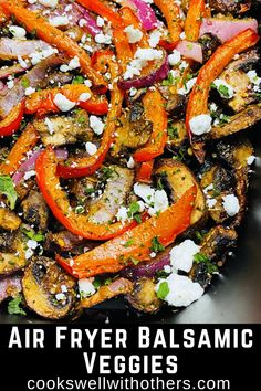 an air fryer balsamic veggies with feta cheese on top