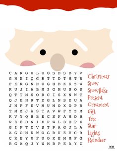 a christmas word search is shown with santa's face in the center and words below it