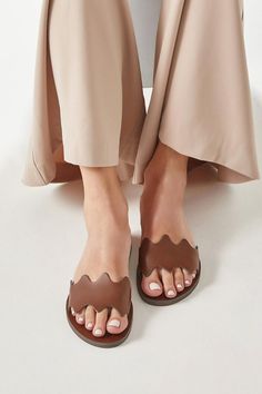 Find the most stylish slides & slingback sandals of our collection below:https://www.etsy.com/shop/GreekChicHandmades?ref=seller-platform-mcnav&section_id=26050675Patmos leather sandals are handmade of top quality leather in a gorgeous brown. The slides feature a thick wavy toe strap that flatters the feet, the signature motif of our kyma collection. This eye-catching pair of flats rest on a super-lightweight rubber outsole which means they are suitable for all-day wear. Wear them with y Dressy Flip Flops, Bridal Flat Sandals, Sandals Greek, Sandals Flat, Sandals Brown, Brown Flats, Leather Sandals Flat, Leather Flip Flops, Brown Leather Sandals