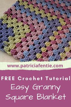 the crochet granny granny square blanket is shown with text that reads, free croche