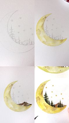 three pictures of the moon with trees and stars on it, in different stages of being drawn