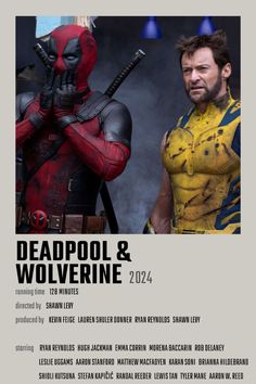 the deadpool and wolverine movie poster is shown in this image, with two men standing next to each other