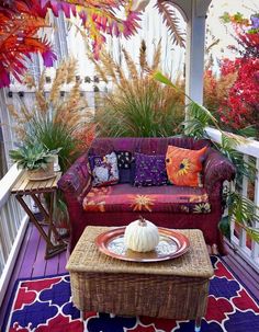 a couch and table on a porch with plants