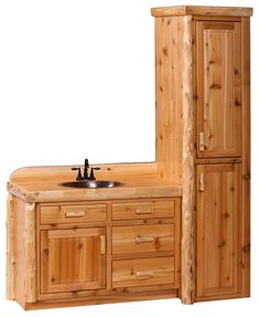 a wooden bathroom vanity with two sinks and cupboards next to each other on a white background