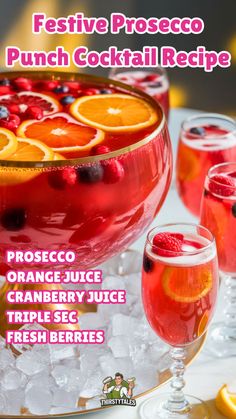 an advertisement for a punch cocktail with orange slices, cranberry juice and triple sec fresh berries