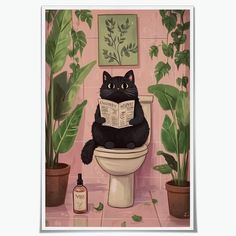 a black cat sitting on top of a toilet reading a book next to potted plants