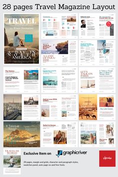 an advertisement for travel magazines with the title 25 pages travel magazine layout in red and white