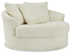 a large white chair with two pillows on it's back and one arm in the middle