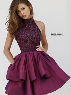 Sherri Hill 32338 #Sherri #Hill #Fall #2015 A #fabulous dress with pockets = #perfection #short #dress #high #neck #beading #beaded #bodice #wine #silver Great dress for a summer #wedding #prom #semi and more ! Red Grad Dress, Sheri Hill Prom Dress, Sheri Hill, Prom Dress Purple, Semi Dresses, Sherri Hill Dresses, Grad Dresses, Dress Purple, Sherri Hill