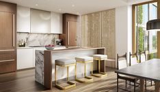 a modern kitchen with marble counter tops and stools next to a dining room table