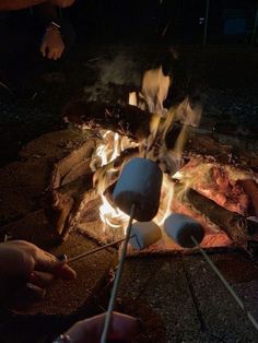 someone roasting marshmallows over an open fire