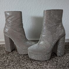 Steve Madden Platform Boots. Worn Only One Time! In Great Condition. Flaw Of Rhinestones On The Back Of The Right Boot. Pictured In The Photos, Really Not Noticeable. Super Fun Boots! True To Size. Rhinestone Platform Boots, Steve Madden Platform Boots, Fun Boots, Sparkly Boots, Silver Sparkly Heels, Silver Platforms, Steve Madden Platform, Shoes Steve Madden, Silver Heels