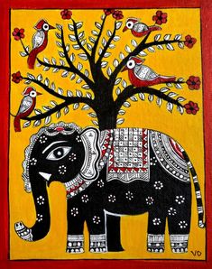 an elephant painted on a yellow background with red trimmings and birds around it