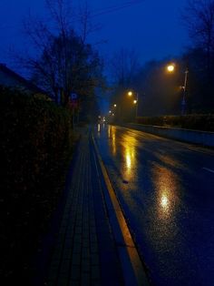 an empty street at night in the rain