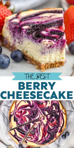 the best berry cheesecake with blueberries and raspberry sauce on top is shown