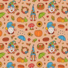 an image of a pattern with pumpkins and gnomes