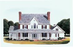 this is an artist's rendering of the house in colonial style with white siding and red shutters