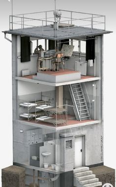 the inside of a building with stairs and furniture on it's sides, as well as an elevator