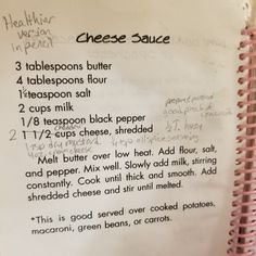 a recipe for cheese sauce is shown on a white piece of paper with pink writing