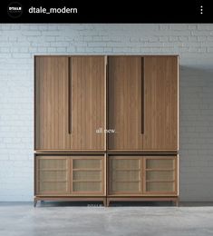 a wooden cabinet with wicker doors in front of a white brick wall and floor