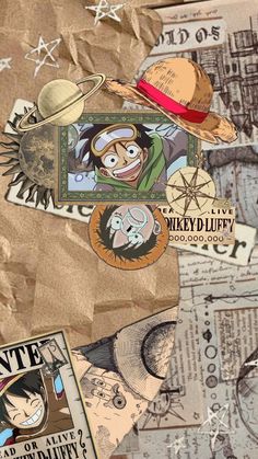 an image of old paper collages with cartoon characters on them and other things in the background