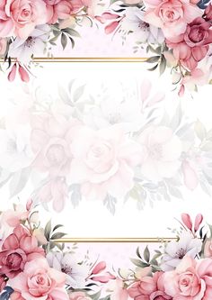 watercolor flowers and gold frame on a white background