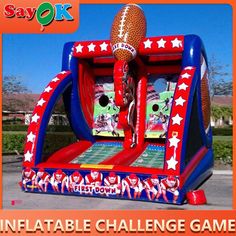 an inflatable football game is shown with the caption saying, inflatable challenge game