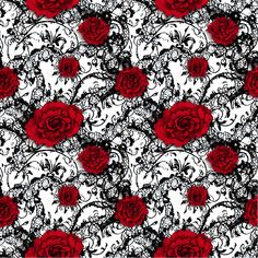 red roses on white fabric with black swirls and flowers in the background, seamlessly