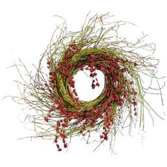 a wreath with red berries hanging from it's side on a white background,