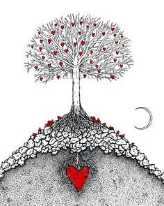 a drawing of a tree on top of a hill with a heart in the middle